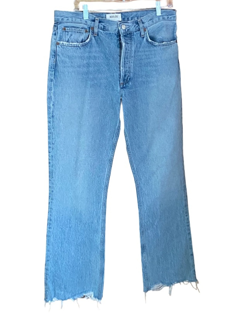 Agolde relaxed bootcut mid-rise distressed button fly jeans in Curio size 29